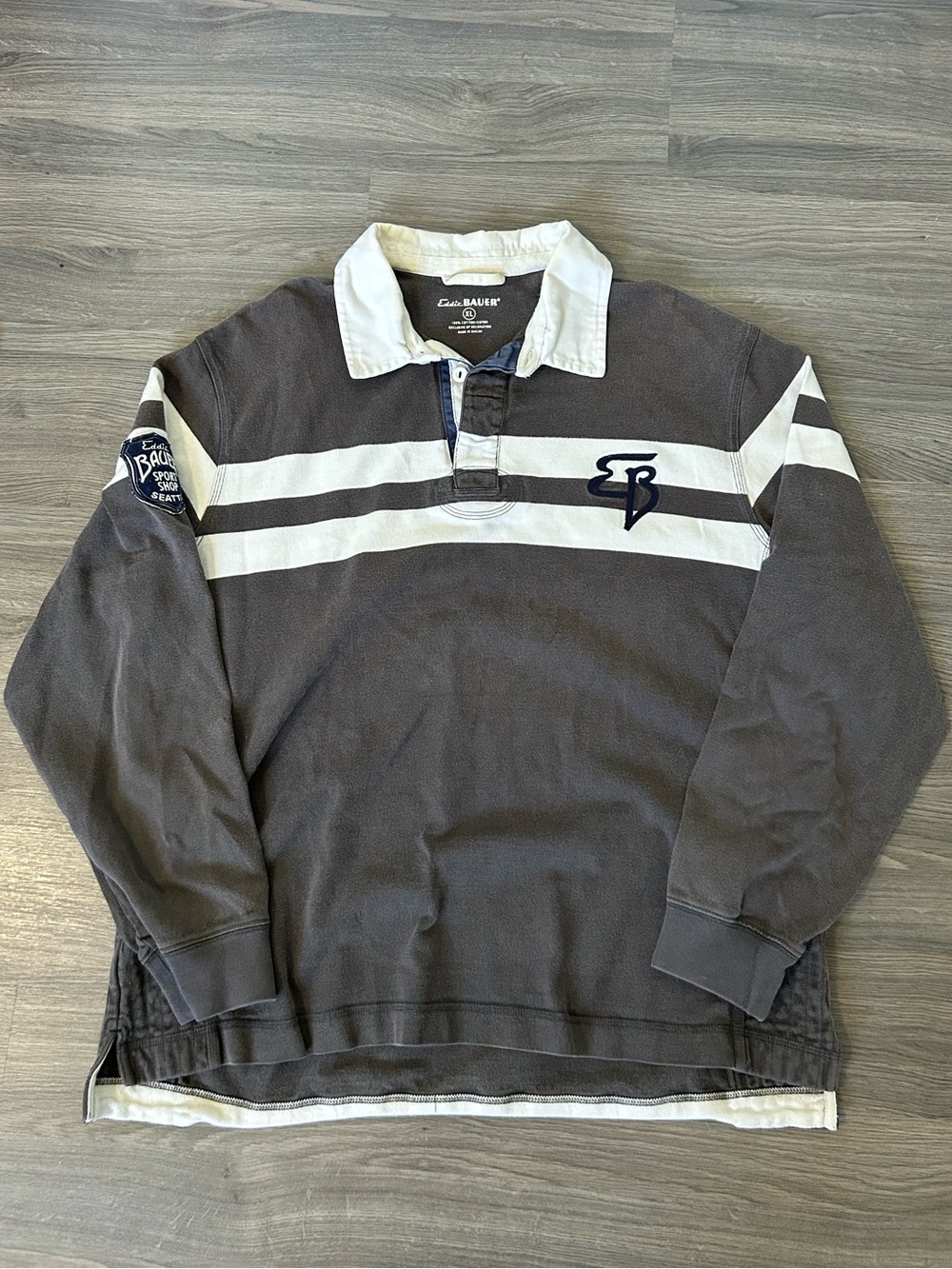 Eddie Bauer Brown and White Striped Rugby Shirt with Collar Patches and Number